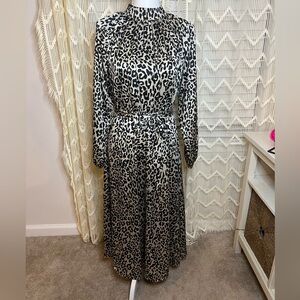 LOFT A Line Long Sleeve Midi Cheetah Print Dress Sash High Neck Tan Black Size 4